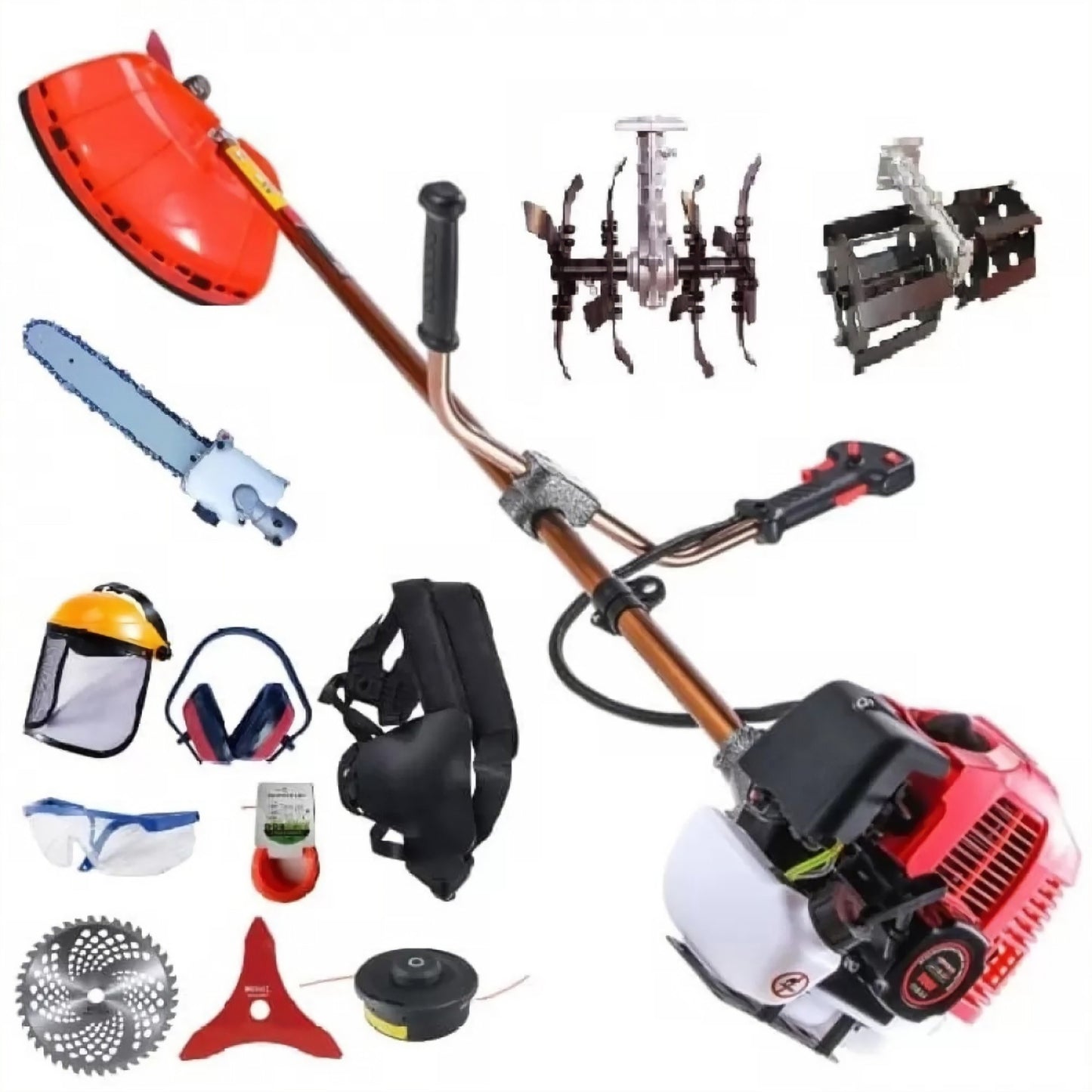 MOTOCOASA PE BENZINA ALFA 7* 7000 PROFESSIONAL, 8 ACCESORII INCLUSE, 12000RPM, 58CC, 7CP + Prasitoare, Cultivator si Accesoriu tip fierastrau