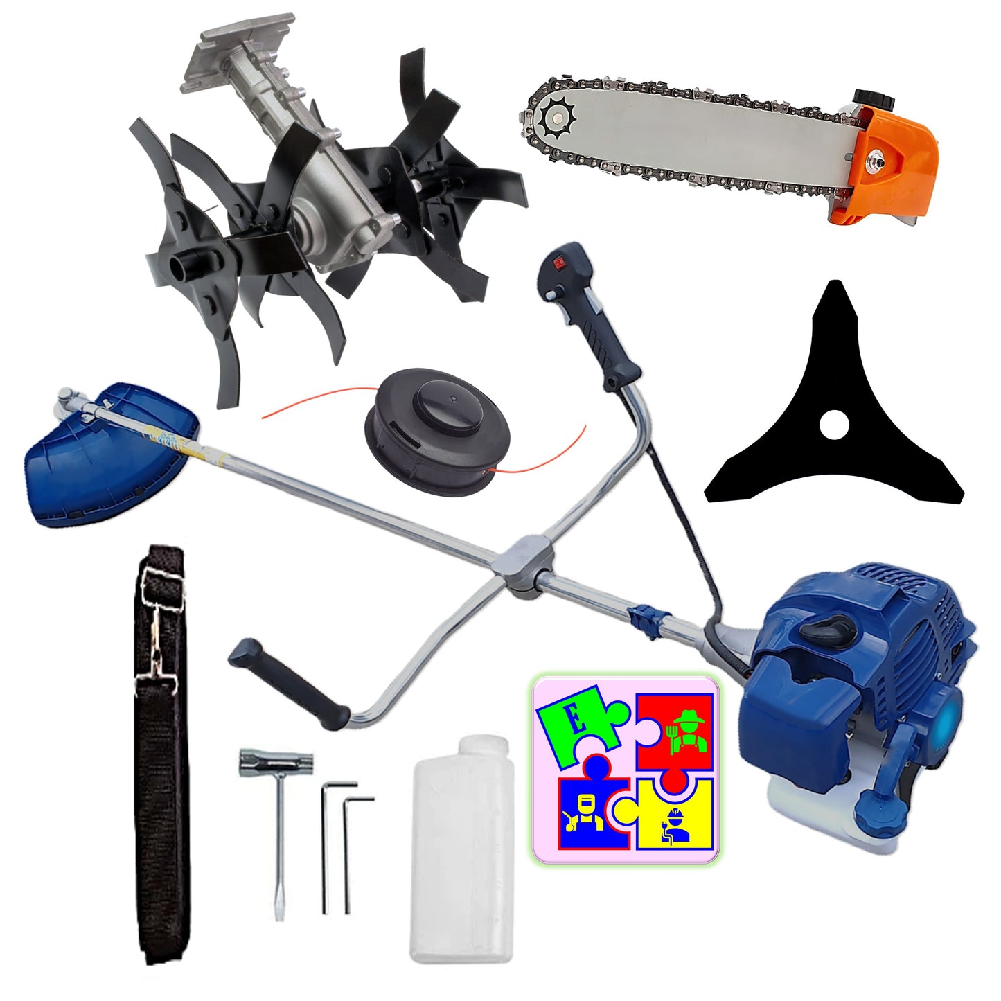 Motocoasa pe benzina TOMS Fermierul, Disc Stea, Accesorii Incluse, 3.4cp, Albastra, +CULTIVATOR, +Cap DRUJBA