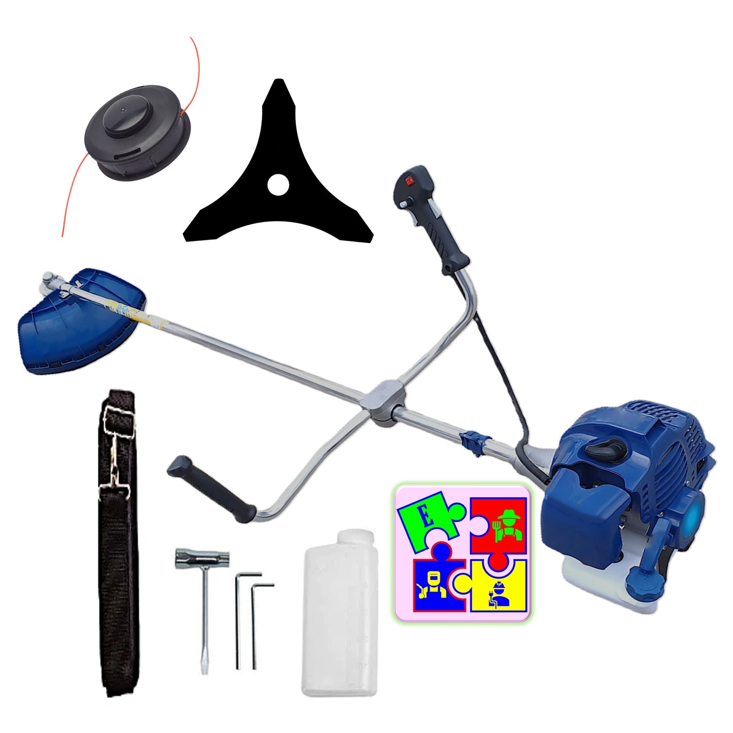 Motocoasa pe benzina TOMS Fermierul, Disc Stea, Accesorii Incluse, 3.4cp, Albastra
