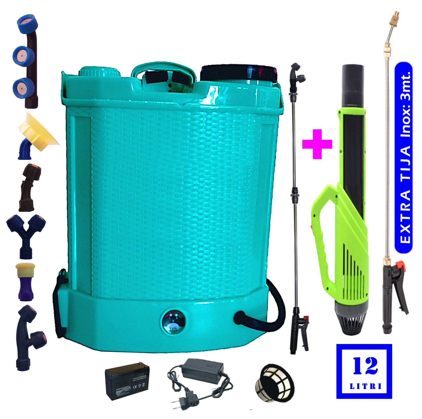 eGOSPODARi.ro % Set Pompa de stropit Verde SAU Turcoaz cu acumulator Pandora 12L + Atomizor + Set Lance telescopica stropit de 3m, vermorel
