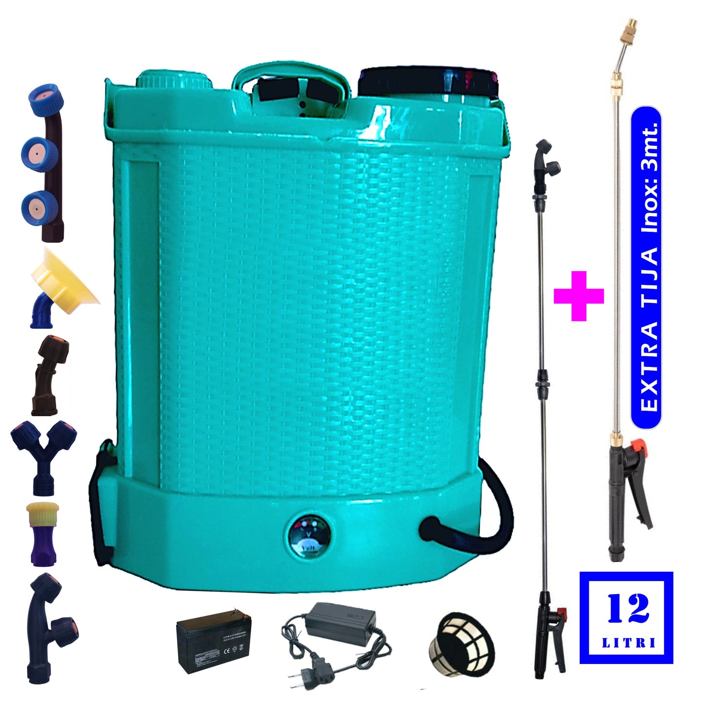 eGOSPODARi.ro % Set Pompa de stropit Verde sau Turcoaz cu acumulator Pandora 12L + Set Lance telescopica stropit de 3m, vermorel