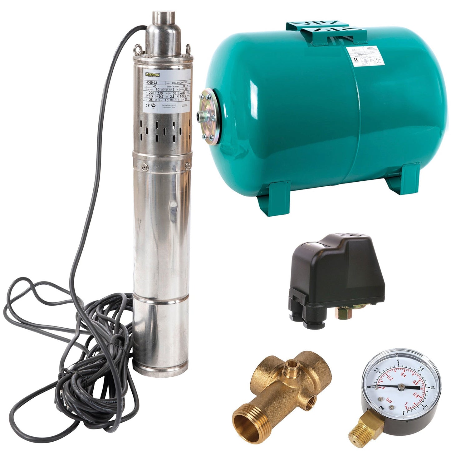 eGOSPODARi.ro % Kit Hidrofor 24L cu pompa apa submersibila 0.75KW, 108m, 2.4m3/Ora, Liderman-Maxima 4QGD-0.75, Sistem premium complet