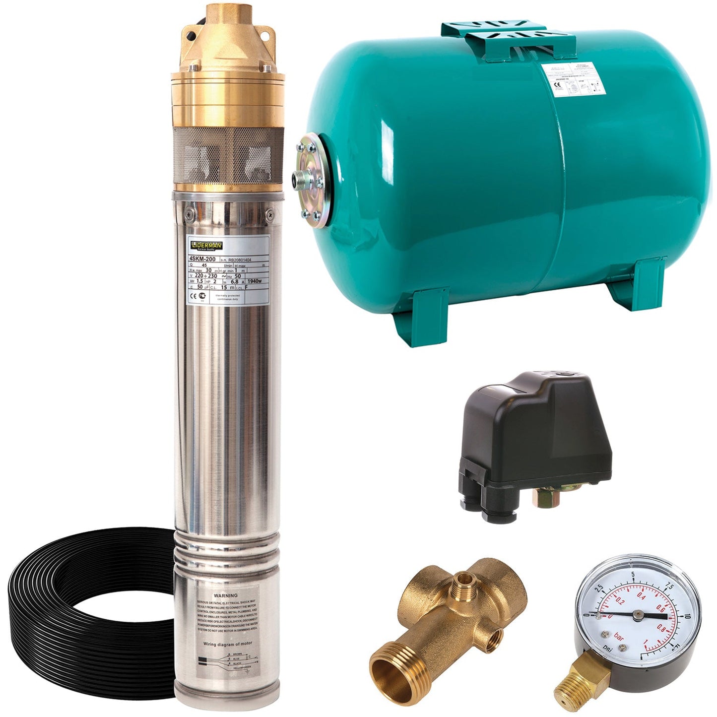 eGOSPODARi.ro % Kit Hidrofor 24L cu pompa apa submersibila 1.5KW, 120m, 2.7m3/Ora, Liderman-Maxima 4SKM-200, Sistem premium complet