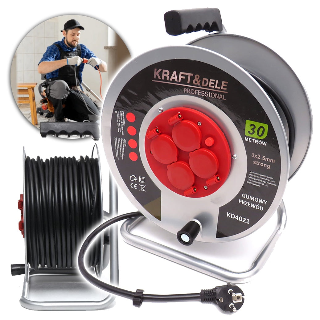eGOSPODARi.ro Prelungitor electric lungime 30m, tambur derulare cu 4 prize incorporate, conductor 3x2.5mm, KRAFT Profi K4021, Poza2
