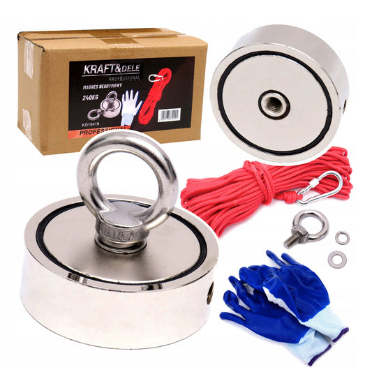 eGOSPODARi.ro Set magnet neodim, max. 240kg, cu carabiniera, franghie si manusi, KRAFT Profi K10416, Poza1