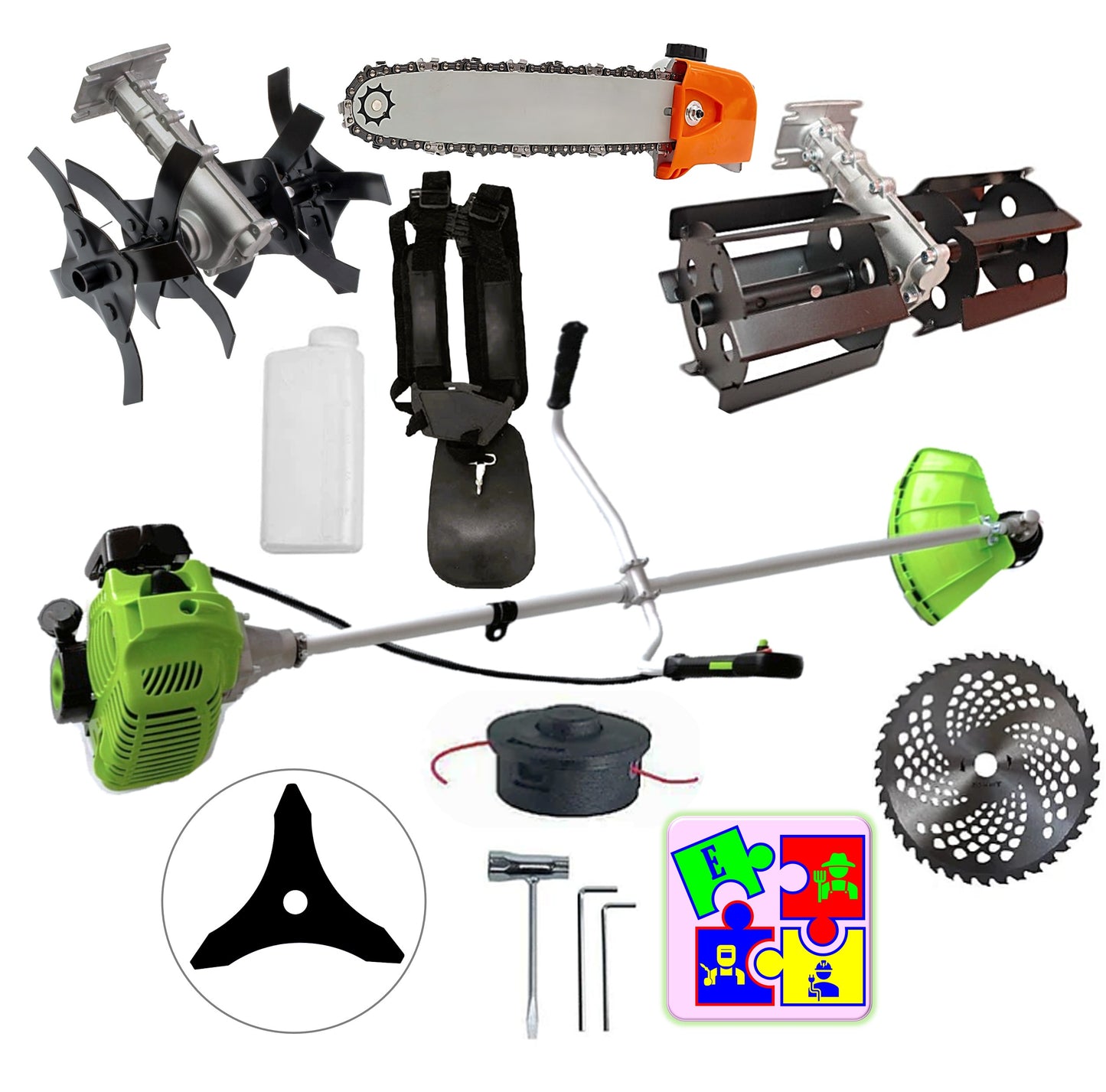 eGOSPODARi.ro % Motocositoarea FERMIERULUI-GOSPODAR, Consum Mic, Accesorii si 2xDisc, VERDE-4CP, Plus Cap DRUJBA, PRASITOARE, CULTIVATOR